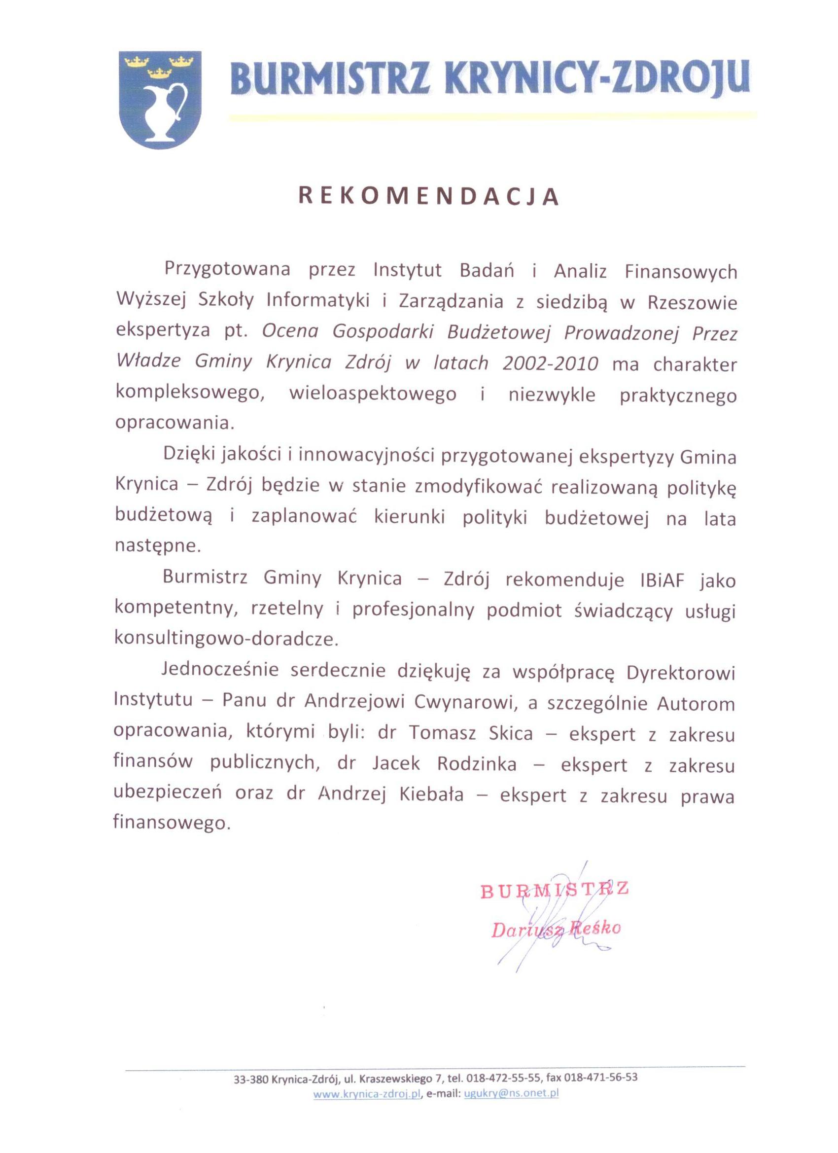 Rekomendacja Burmistrz Krynicy-Zdroju